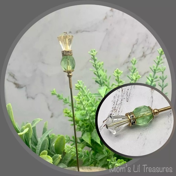 Green Glass Crystal - Gold Tone - Clear Rhinestone • 6” Pin • Hatpin 4/8 - Picture 1 of 9